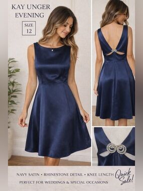 Kay Unger Evening Navy Satin Dress Rhinestone Back Womens Sz 12 Knee Length FLAW